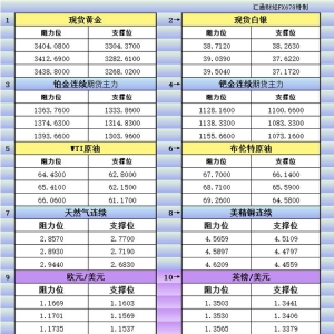 8月27日美市更新支撑阻力：18品种支撑阻力(金银铂钯原油天然气铜及十大货币对) ...
