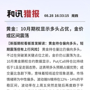 黄金：10月期权显示多头占优，金价或区间震荡