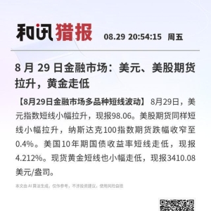 8 月 29 日金融市场：美元、美股期货拉升，黄金走低