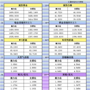 9月2日美市更新支撑阻力：18品种支撑阻力(金银铂钯原油天然气铜及十大货币对) ...