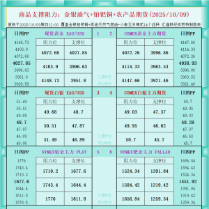 一张图看商品支撑阻力：金银油气+铂钯铜农产品期货(2025年10月9日) ...