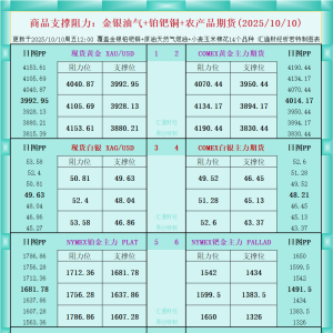 一张图看商品支撑阻力：金银油气+铂钯铜农产品期货(2025年10月10日) ...