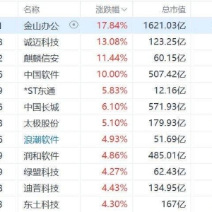 A股国产软件股集体飙升，金山办公涨18%，麒麟信安涨11%，中国软件涨停，中国长城涨超6 ...