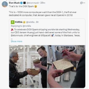 马斯克收到黄仁勋亲手交付的AI超算DGX Spark：每瓦特计算能力比DGX-1多100倍，DGX-1是 ...