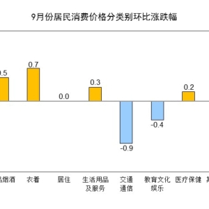 中国9月CPI同比-0.3%，低于预期！PPI同比-2.3%，食品烟酒类价格同比下降2.6%，其他七 ...