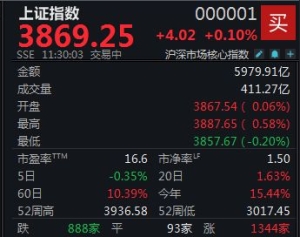 两市振幅加大，沪指半日上涨0.1%