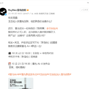 前格力电器渠道改革项目负责人王自如入职雷鸟创新，具体职务将在10月23日雷鸟Air 4发 ...