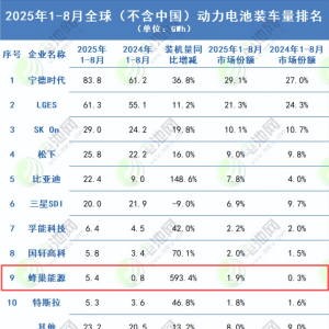 蜂巢能源1-8月装车量海外同比激增593%！跻身全球（除中国外）装车量排名前十 ...