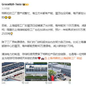 特斯拉副总裁陶琳：特斯拉上海超级工厂屋顶已铺满光伏板，每年发1100万度电，减碳4600 ...