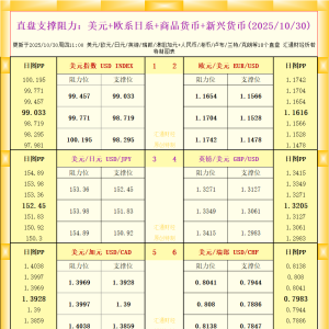 一张图看18个直盘外汇支撑阻力：美元+欧系日系+商品货币+新兴货币(2025年10月30日) ...