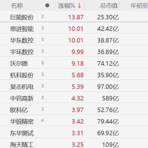 A股工业母机概念股集体上涨，巨能股份涨超13%，思进智能、华东数控、宇环数控涨停，沃 ...