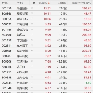 A股机器人概念股走强，斯菱股份涨超13%，星源材质、蓝色光标涨超10%，万向钱潮、豪恩 ...