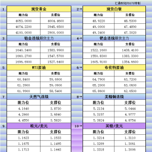 10月31日美市更新支撑阻力：18品种支撑阻力(金银铂钯原油天然气铜及十大货币对) ...