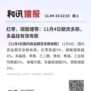 红枣、碳酸锂等：11月4日期货多跌，多晶硅有涨有跌