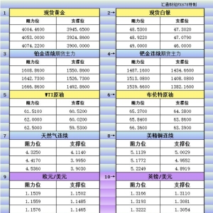 11月4日美市更新支撑阻力：18品种支撑阻力(金银铂钯原油天然气铜及十大货币对) ...