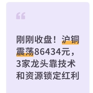 刚刚收盘！沪铜震荡86434元，3家龙头靠技术和资源锁定红利