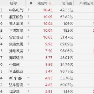 A股福建板块逆势上涨，平潭发展14天11板，中能电气涨超10%，厦工股份、雪人集团、、安 ...